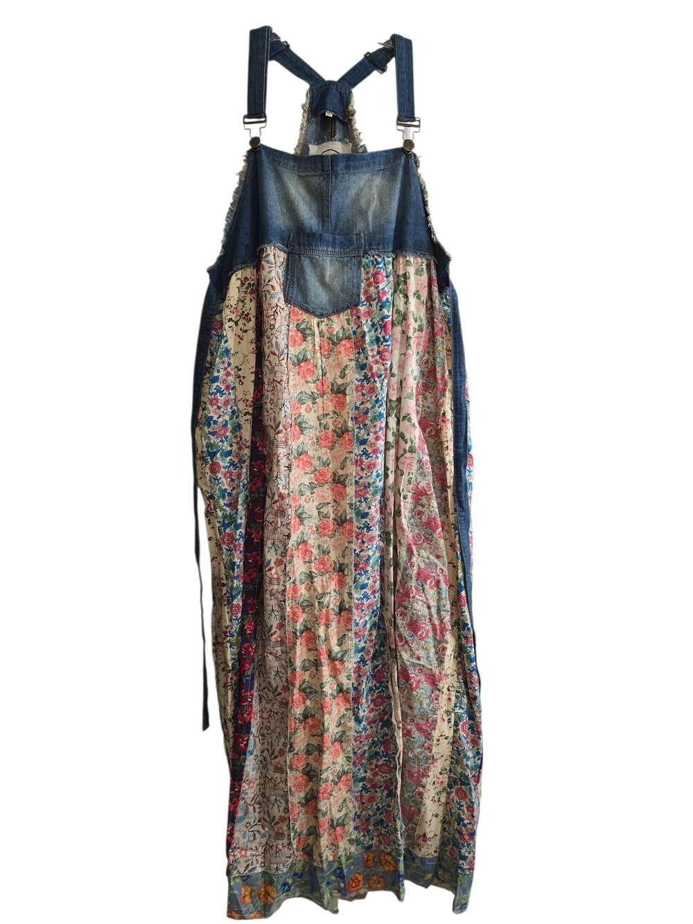 A Rare Bird Denim Overall Patchwork Maxi Dress XXL Tie Back Boho Cottagecore - Picture 2 of 8